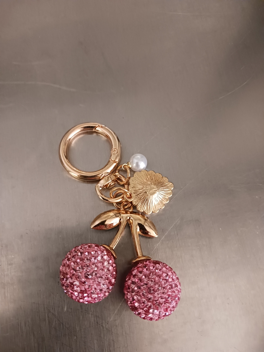 Pink Cherry Keychain with Heart Charm - Picture 2 of 10